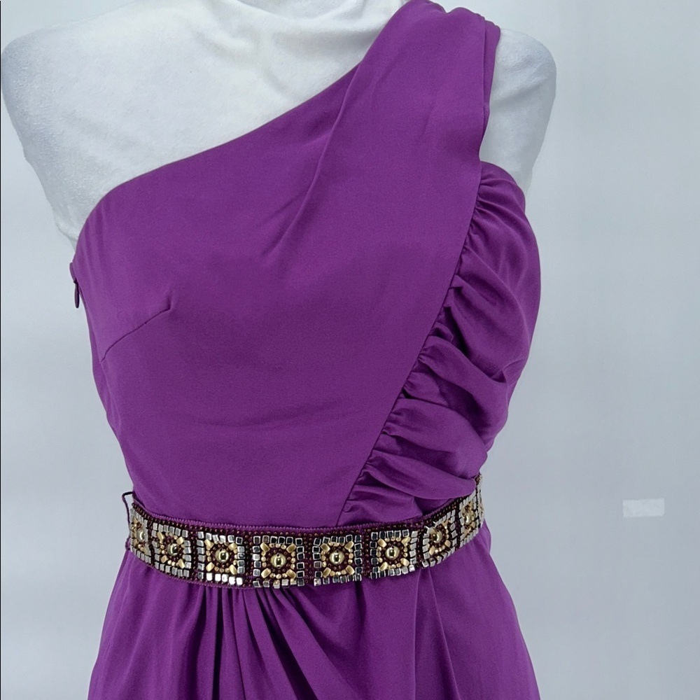 Trina Turk LaRoux Violet Purple Silk One Shoulder Mini Sheath Dress Ruffle 6 - Picture 4 of 15